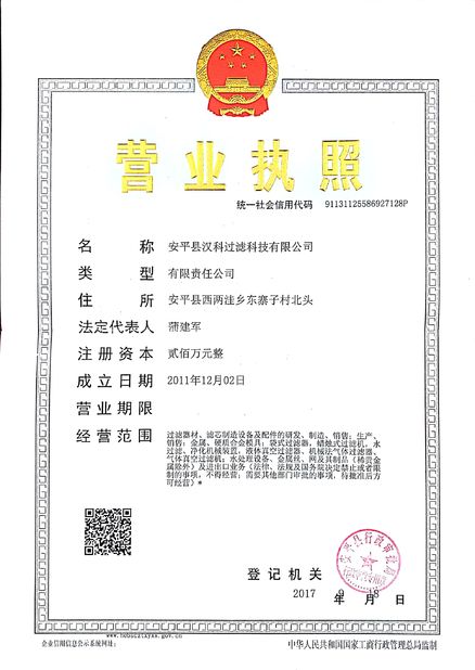 Trung Quốc Anping Hanke Filtration Technology Co., Ltd Chứng chỉ